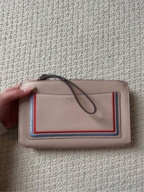 kate spade Blush Pink Leather Wristlet with Blue and Red Trim